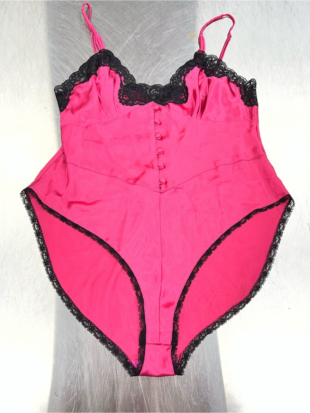 Delicates Hot Pink, Black Lace-Trim, Slip Bodysuit Women’s Medium